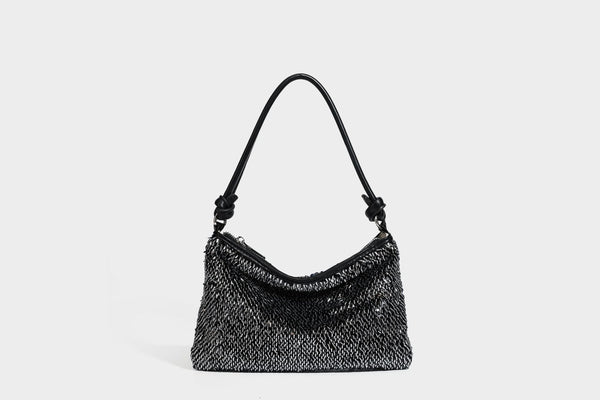 Small sequin hobo shoulder bag with knotted strap and zip closure, detail view 33