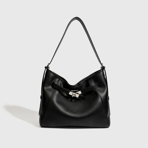 Large black pebbled leather-look hobo shoulder bag with silver-tone turn-lock front hardware and single flat adjustable