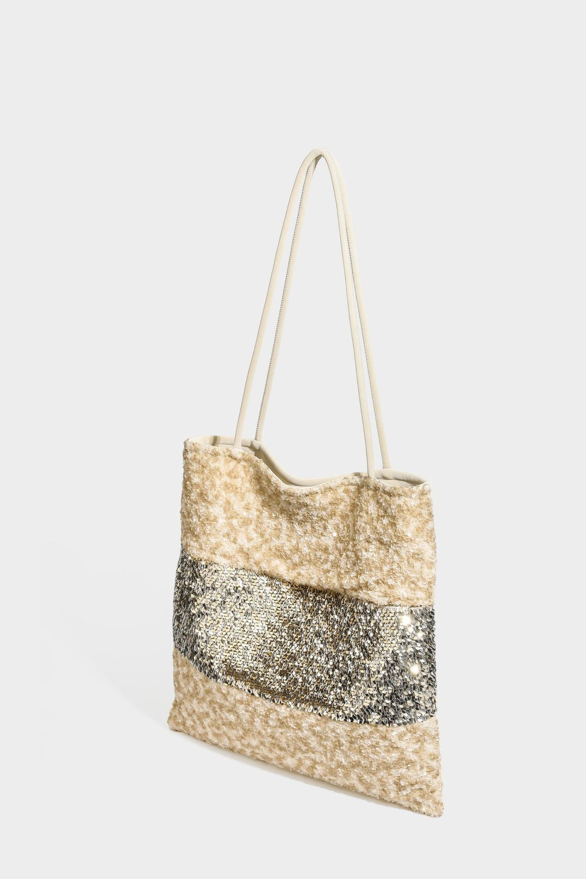 Soft rectangular sequin tote bag with colorblock metallic panels and long slim shoulder straps, detail view 29