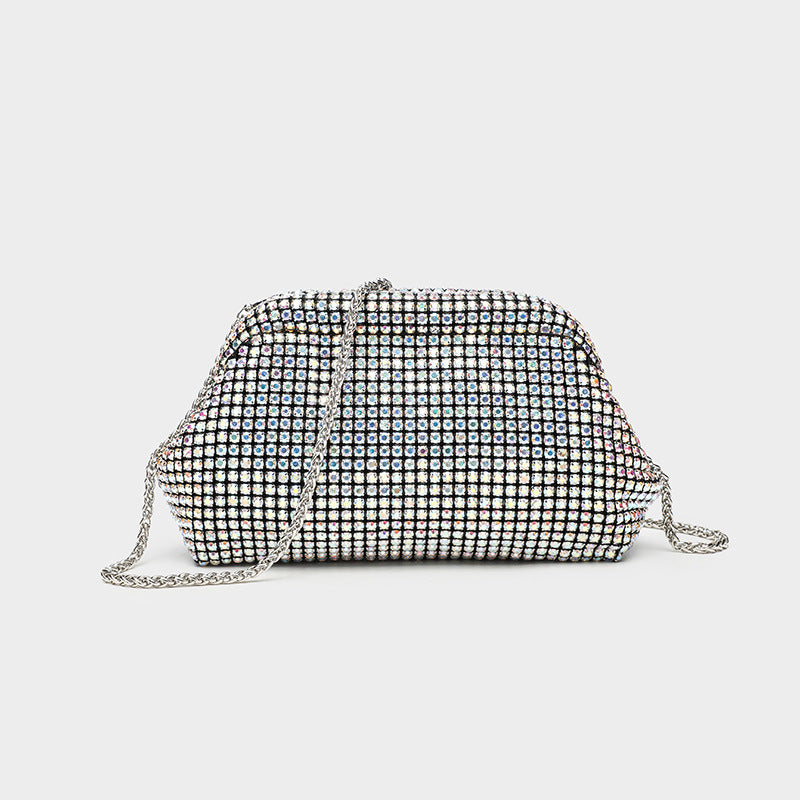 Small crystal rhinestone clutch crossbody bag with silver-tone chain strap and frame-clip closure, detail view 7