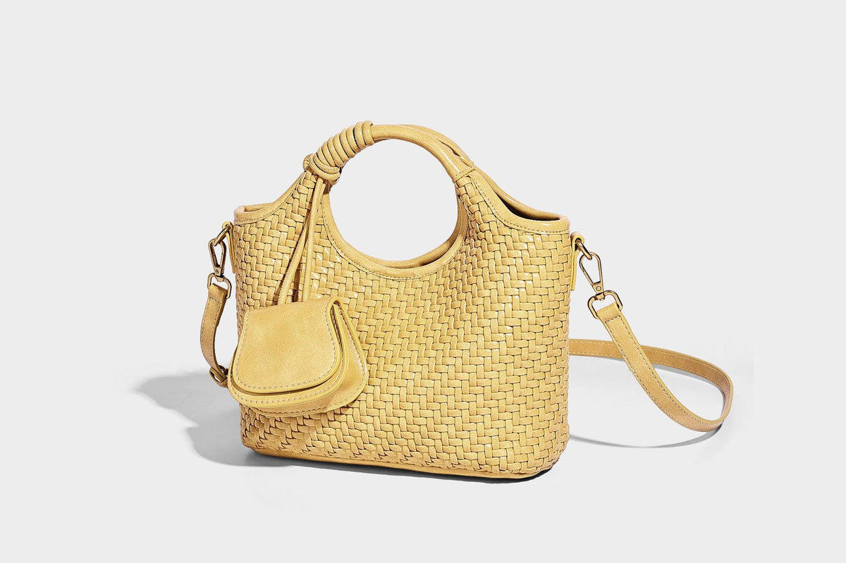 Woven texture tote bag with knotted top handles, attached front mini pouch, and gold-tone hardware, detail view 18
