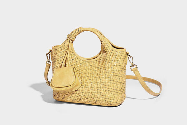 Woven texture tote bag with knotted top handles, attached front mini pouch, and gold-tone hardware, detail view 18