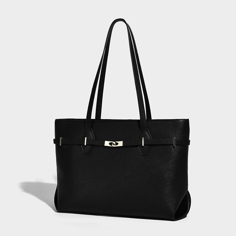 Structured suede-look shopper tote with wraparound belt strap and gold turn-lock clasp, long dark brown shoulder handles