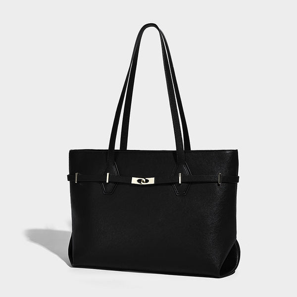 Structured suede-look shopper tote with wraparound belt strap and gold turn-lock clasp, long dark brown shoulder handles