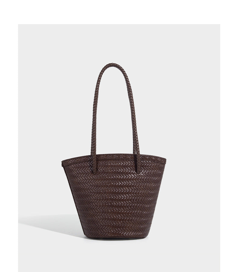 Chevron-woven bucket tote bag with braided shoulder straps and matching drawstring pouch, detail view 19