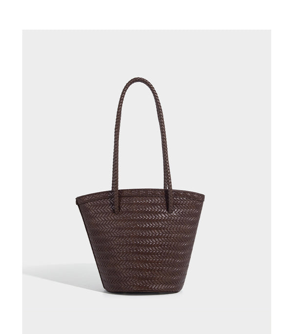 Chevron-woven bucket tote bag with braided shoulder straps and matching drawstring pouch, detail view 19