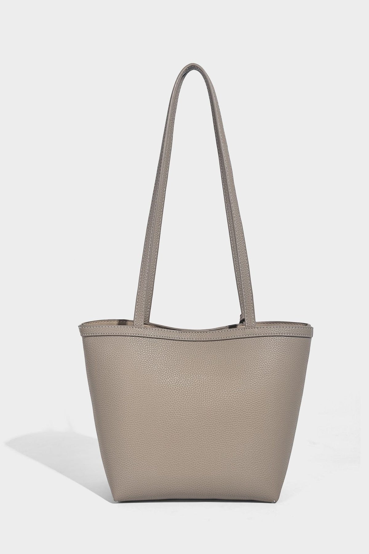 Structured pebbled leather-look tote bag in taupe with long shoulder strap, detachable zip pouch, and pink tulip flower
