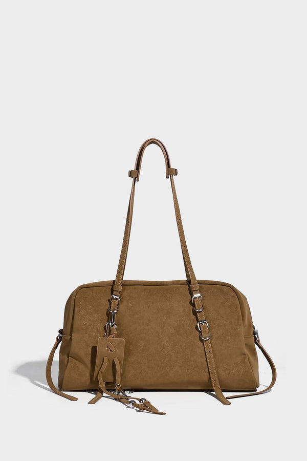 Structured rectangular matte suede-like shoulder bag with silver-tone hardware, zip closure, double top handles, and, detail
