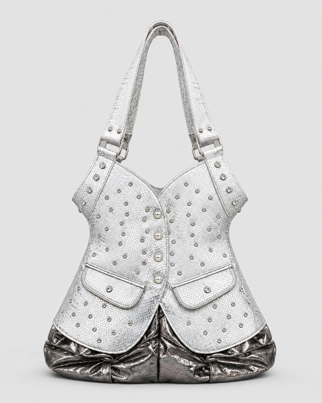 Corset-silhouette leopard-print shoulder bag with crystal and pearl-look stud hardware, front zip flap pockets, and, detail