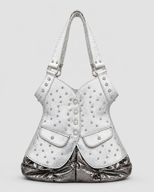 Corset-silhouette leopard-print shoulder bag with crystal and pearl-look stud hardware, front zip flap pockets, and, detail