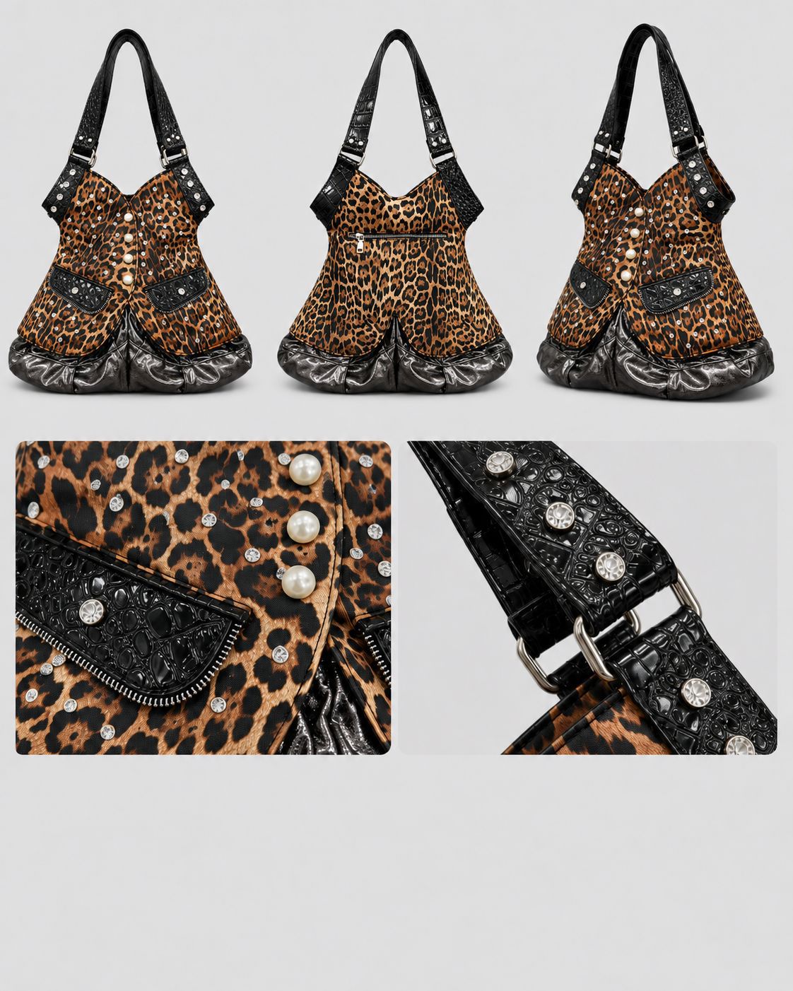 Corset-silhouette leopard-print shoulder bag with crystal and pearl-look stud hardware, front zip flap pockets, and, detail