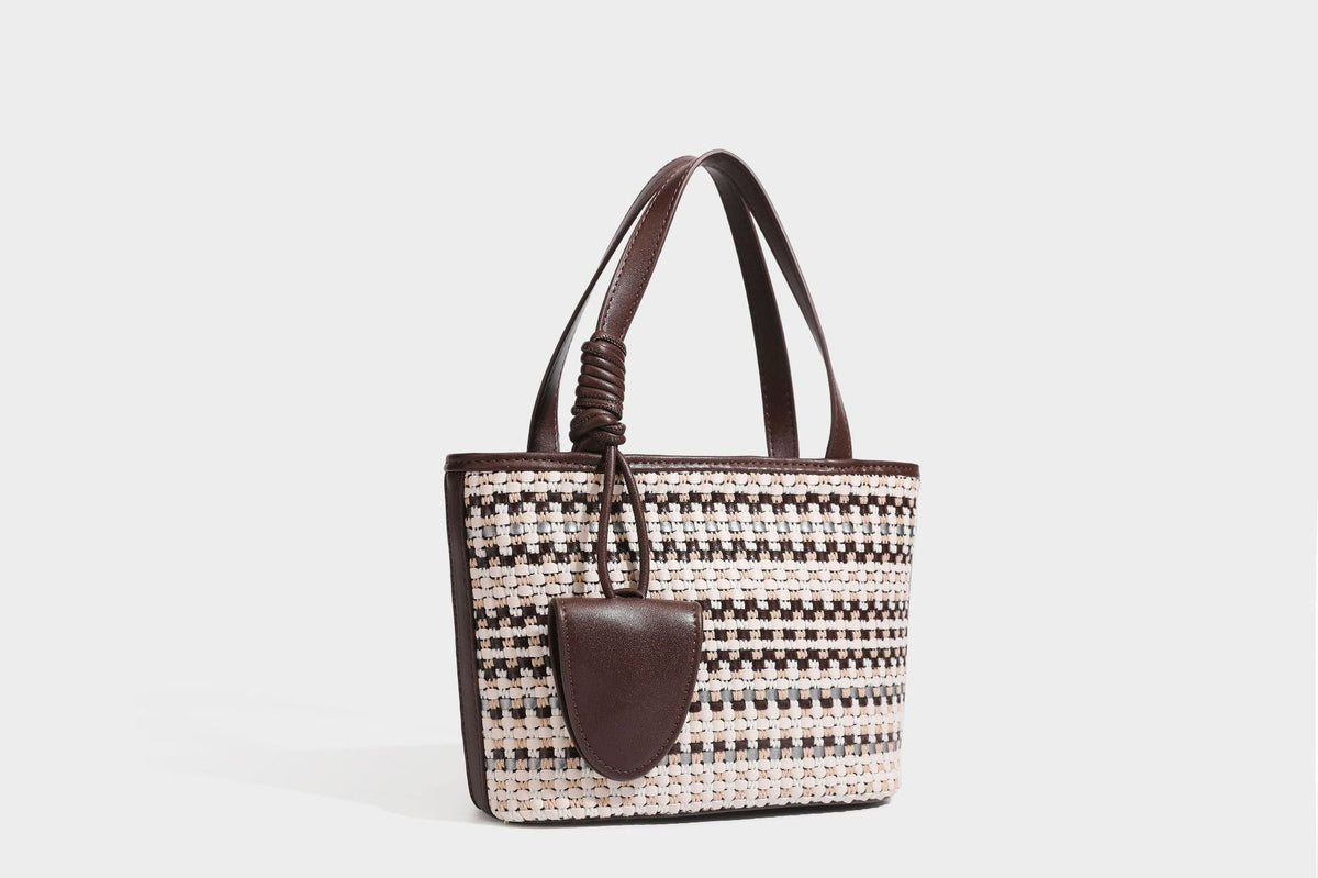 Kleine, strukturierte, gewebte Tote-Bag mit Karomuster, glatten Besätzen in Lederoptik, zwei Tragegriffen, abnehmbarem Schulterriemen und