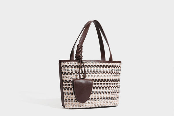 Kleine, strukturierte, gewebte Tote-Bag mit Karomuster, glatten Besätzen in Lederoptik, zwei Tragegriffen, abnehmbarem Schulterriemen und