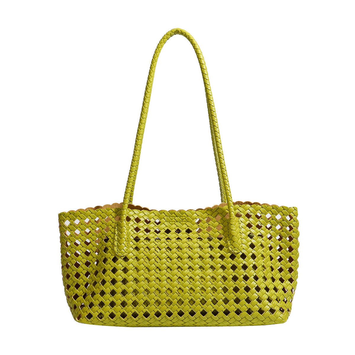 Limegrüne Tote-Bag aus offenem Flechtwerk mit langen geflochtenen Henkeln zum Tragen über der Schulter und gewelltem oberen Rand, Detailansicht 5