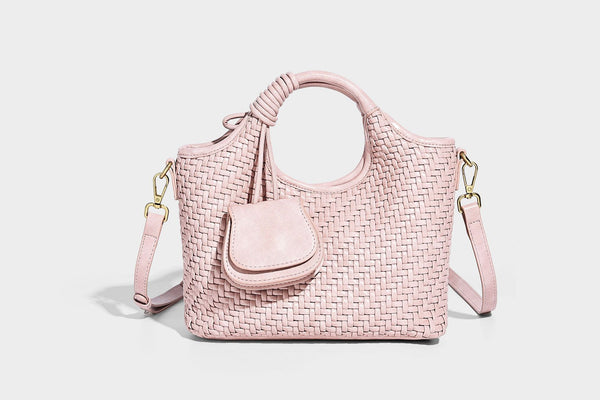 Woven texture tote bag with knotted top handles, attached front mini pouch, and gold-tone hardware, detail view 20