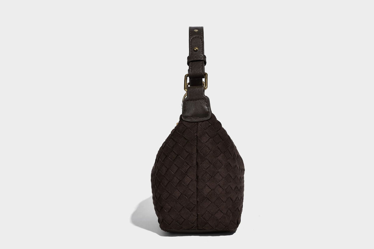 Small woven-texture crescent hobo bag in dark chocolate brown with top zip closure, gold-tone hardware, and adjustable