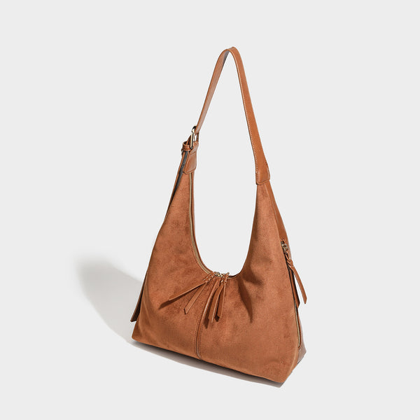 Lässige Hobo-Schultertasche mit strukturiertem Finish in Velourslederoptik, Reißverschluss oben, Quasten-Zippern und goldfarbenem verstellbarem