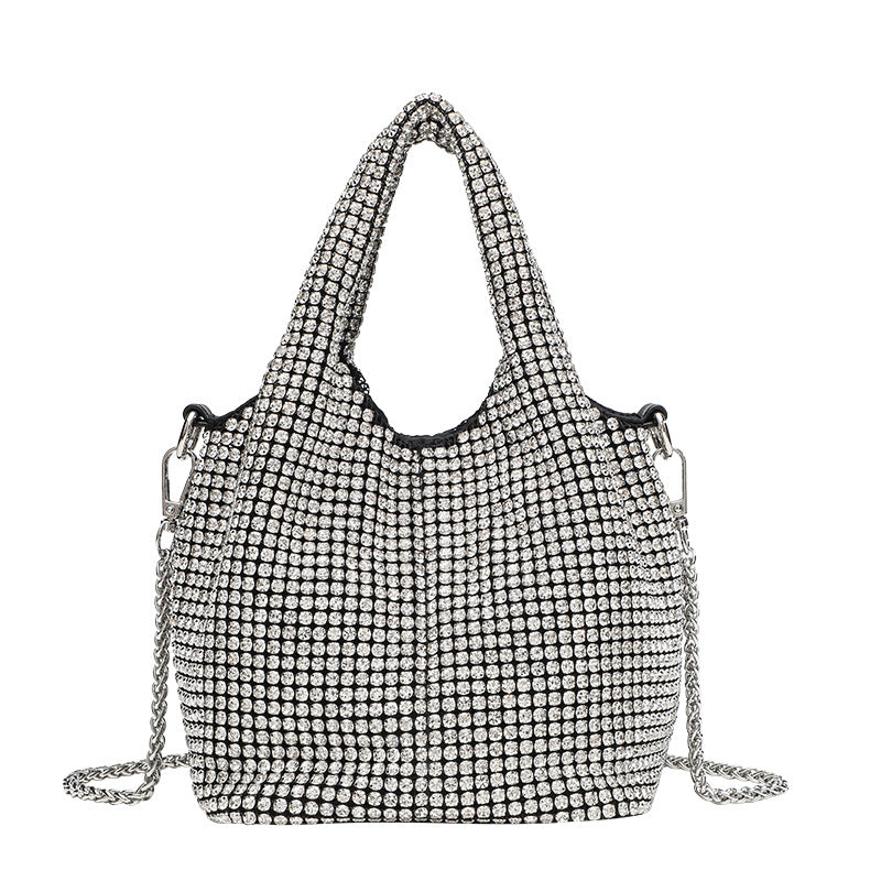 Small all-over rhinestone crystal bucket bag with twin handles and detachable chain shoulder strap, detail view 5