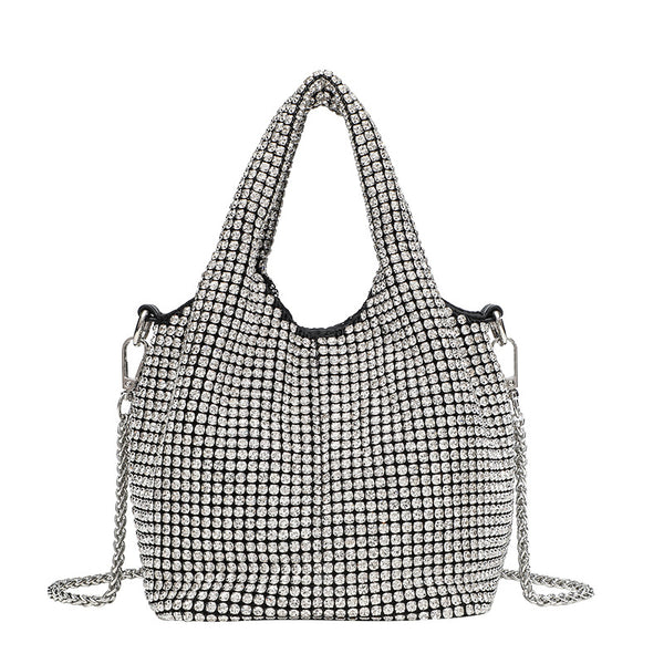 Small all-over rhinestone crystal bucket bag with twin handles and detachable chain shoulder strap, detail view 5