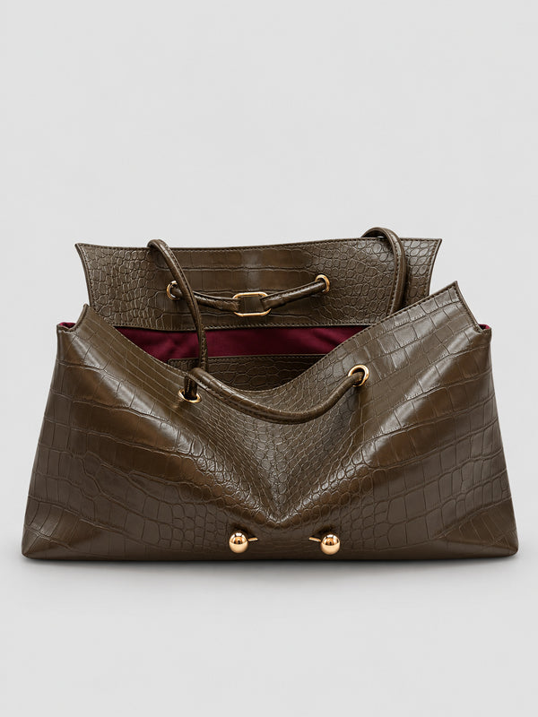 Wide embossed-texture shoulder tote bag with single loop handle and gold-tone toggle hardware, detail view 35