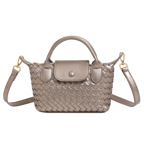 Small structured woven leather-look top-handle bag with gold-tone hardware and detachable crossbody strap, detail view 5