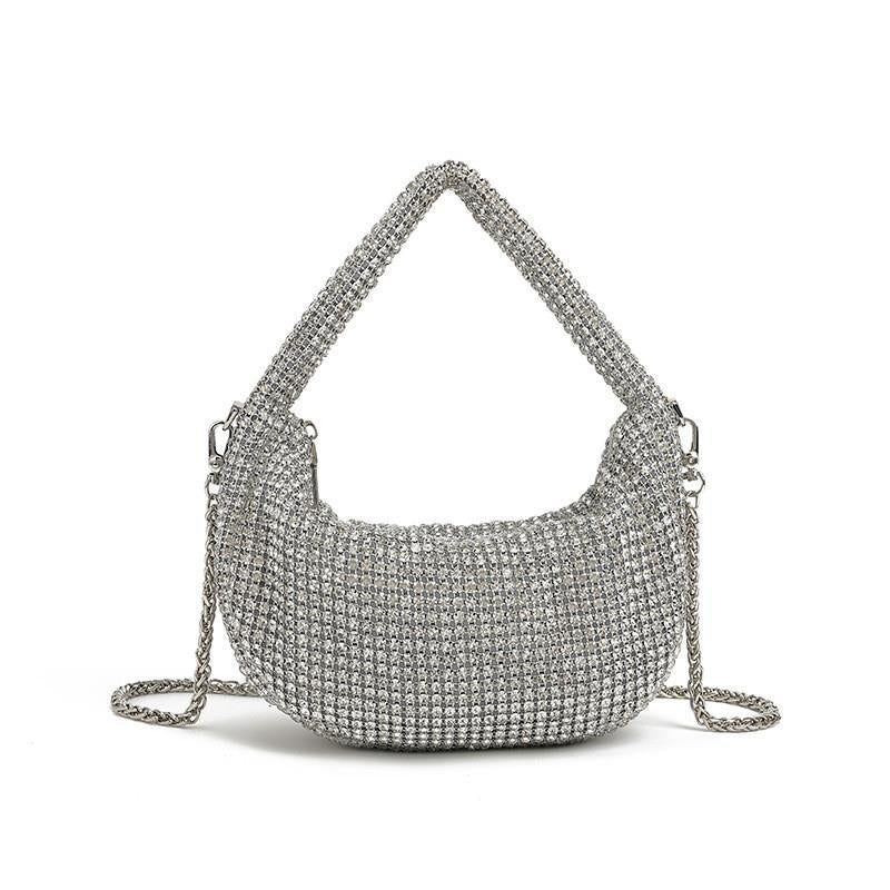 All-over crystal rhinestone hobo bag with silver chain strap and top handle, top zip closure, detail view 8