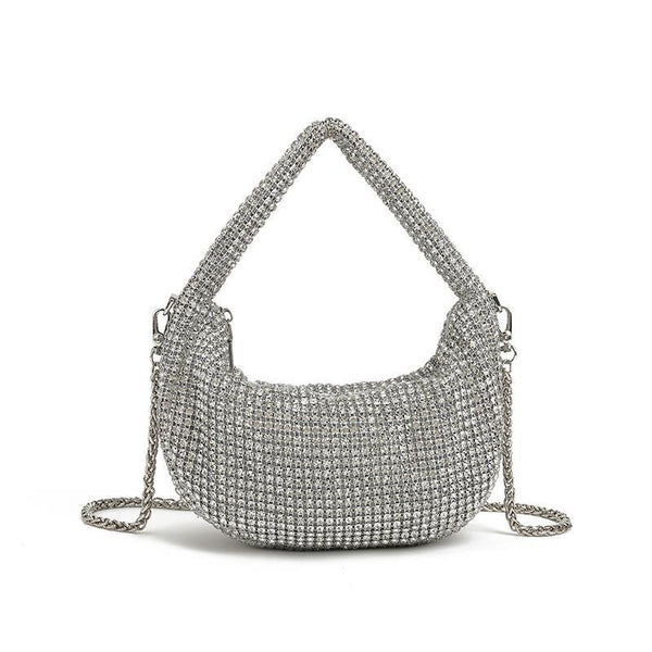 All-over crystal rhinestone hobo bag with silver chain strap and top handle, top zip closure, detail view 8