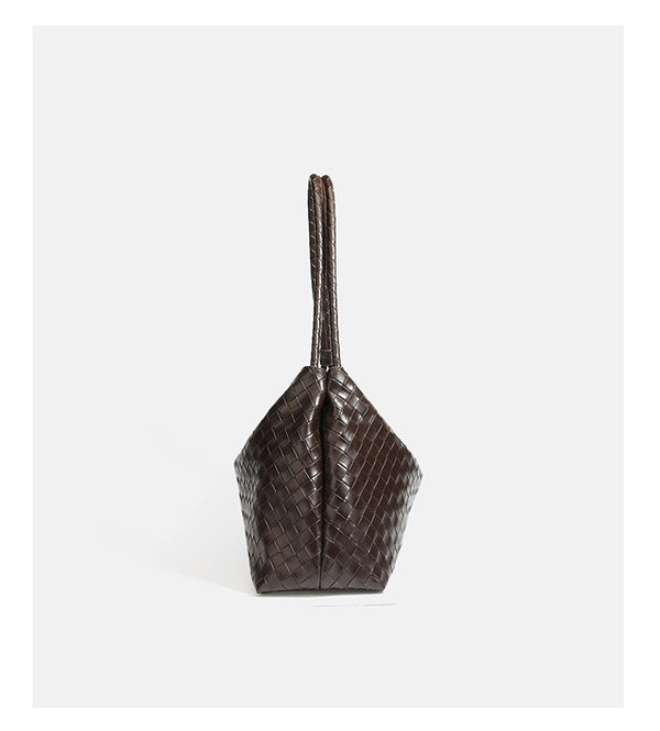 Slouchy woven leather-look hobo shoulder bag with braided strap and open top, detail view 11