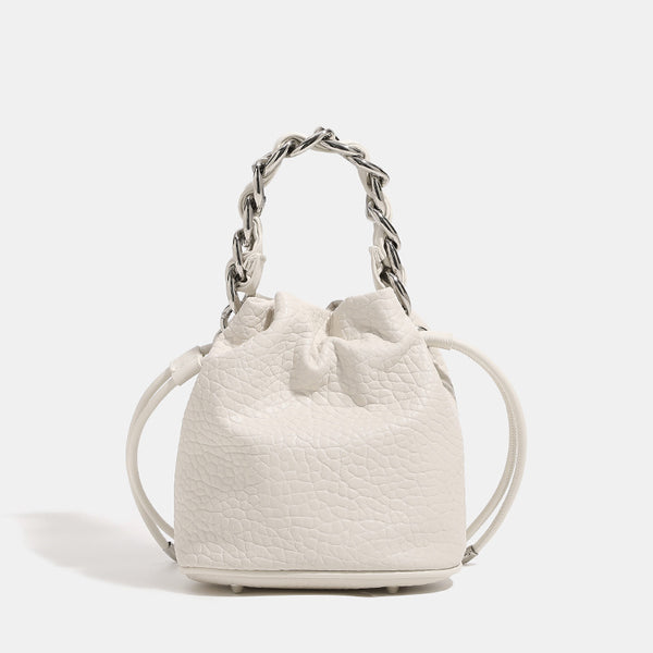 Mini pebbled leather-look bucket bag with chunky silver-tone chain handle and drawstring closure, detail view 6