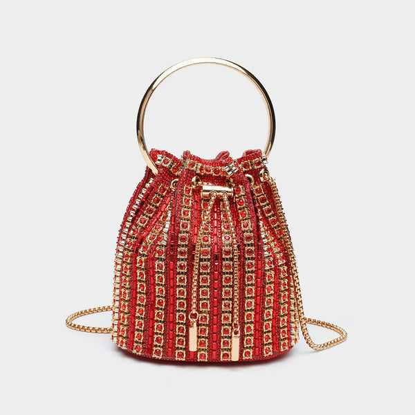 Mini crystal rhinestone bucket bag with circular ring top handle, drawstring closure, and silver chain shoulder strap, detail