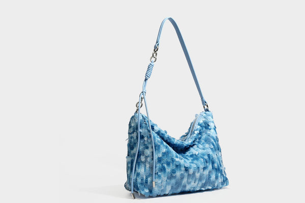 Slouchy paillette sequin hobo shoulder bag with zip closure and adjustable leather-look strap with silver chain hardware