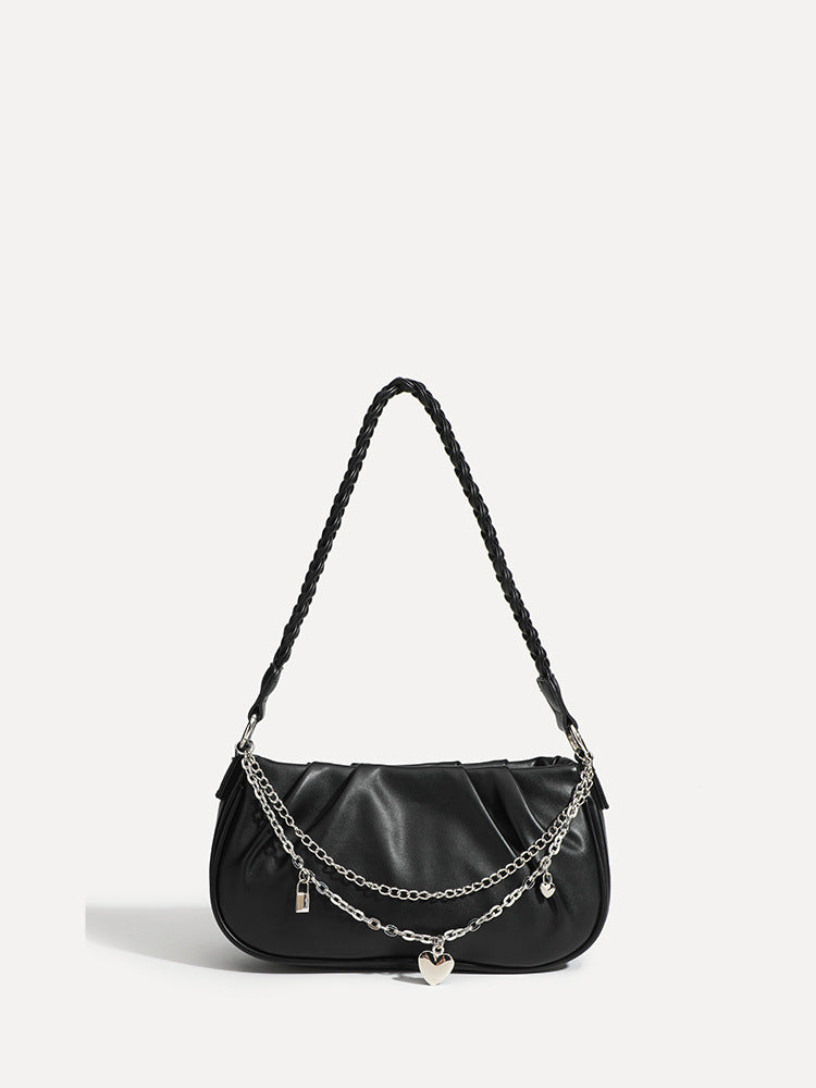 Slouchy hobo shoulder bag with gathered leather-look panels, silver-tone chain with charm pendants, and braided strap, detail