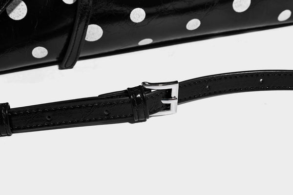 Structured glossy leather-look polka-dot satchel tote with dual top handles and detachable shoulder strap, detail view 19
