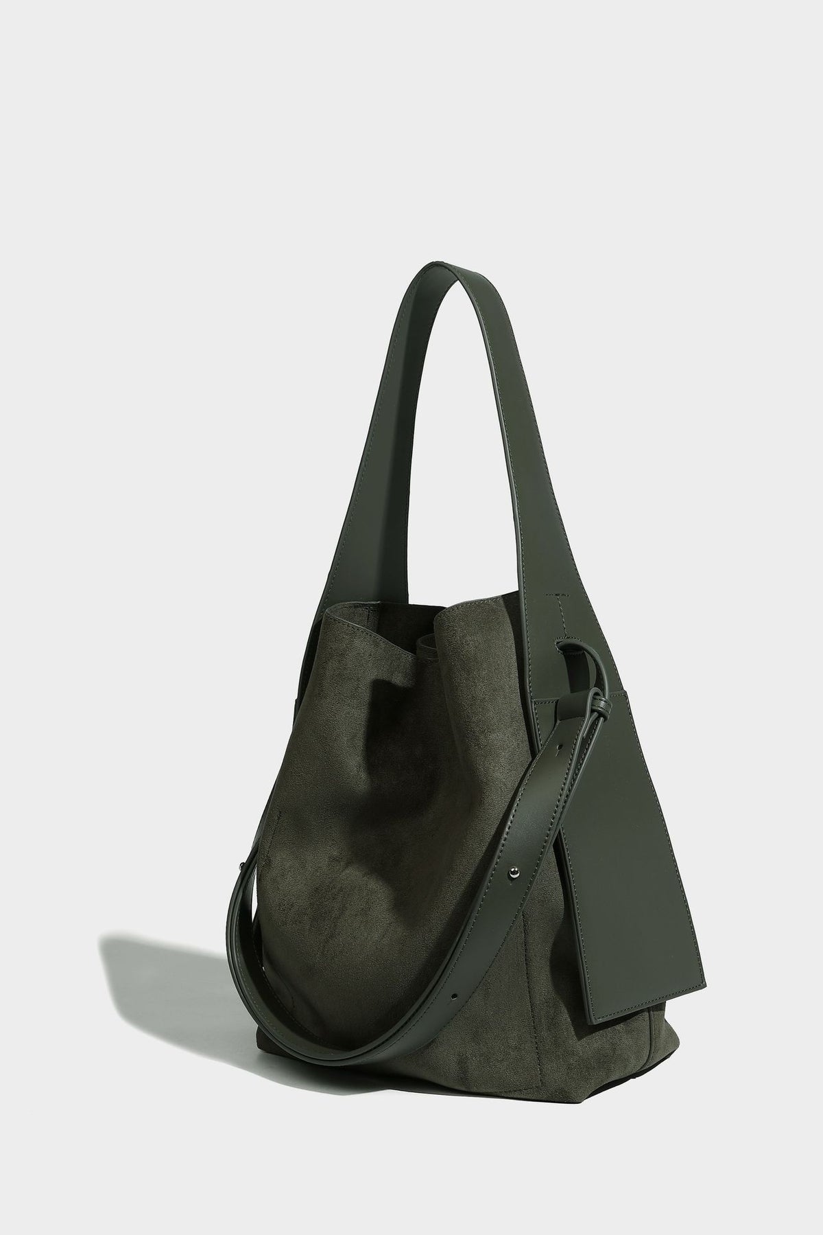 Slouchy suede-finish shoulder tote bag with leather-look trim and long strap, detail view 6