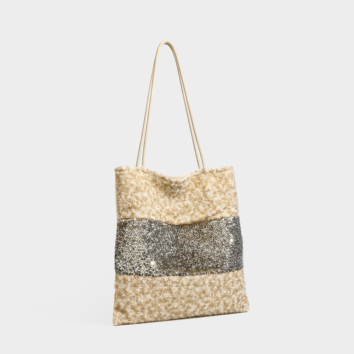 Sequin color-block shoulder tote bag with champagne and silver panels and cream leather-look straps, detail view 2