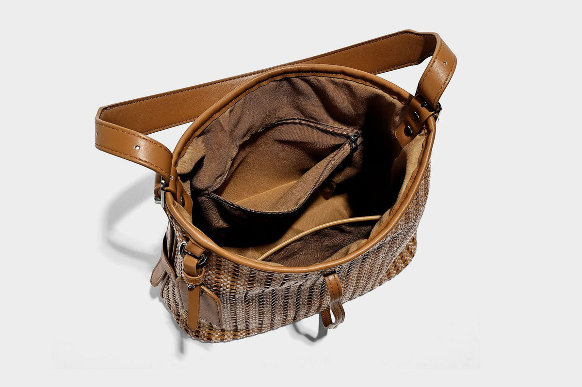 Slouchy open-weave shoulder tote bag with leather-look tan trim, tie-front closure, and long adjustable strap, detail view 26