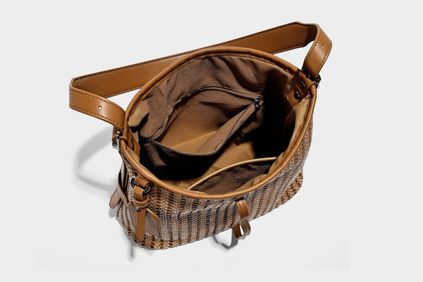 Slouchy open-weave shoulder tote bag with leather-look tan trim, tie-front closure, and long adjustable strap, detail view 26