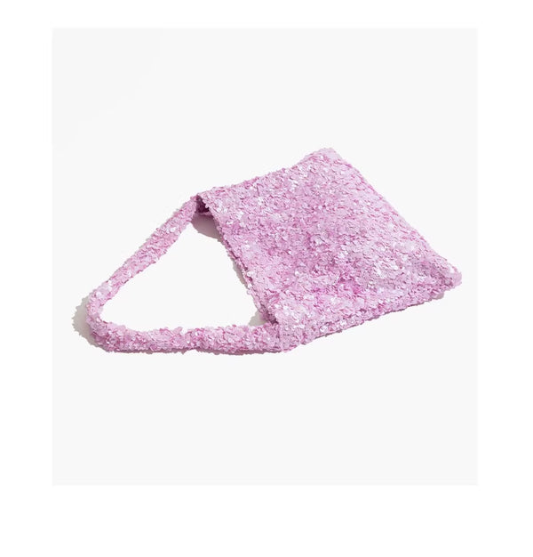 Slouchy all-over sequin shoulder tote bag with single strap and open top, detail view 10
