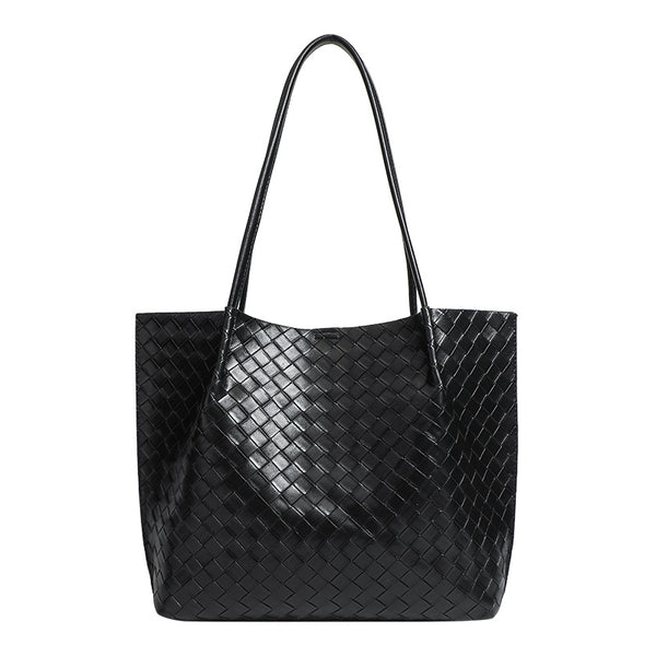 Large black woven leather-look tote bag with twin shoulder straps and matching inner pouch, detail view 5