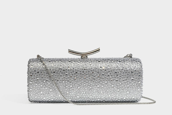 Structured rectangular hard-case clutch bag covered in all-over rhinestone crystal embellishment with curved kiss-lock top