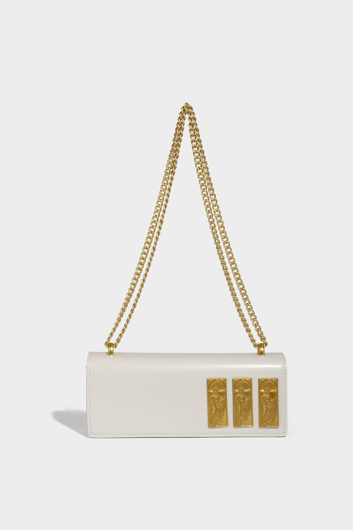 Structured rectangular crossbody bag with glossy finish, three vertical gold-tone embossed plaques, and gold chain strap