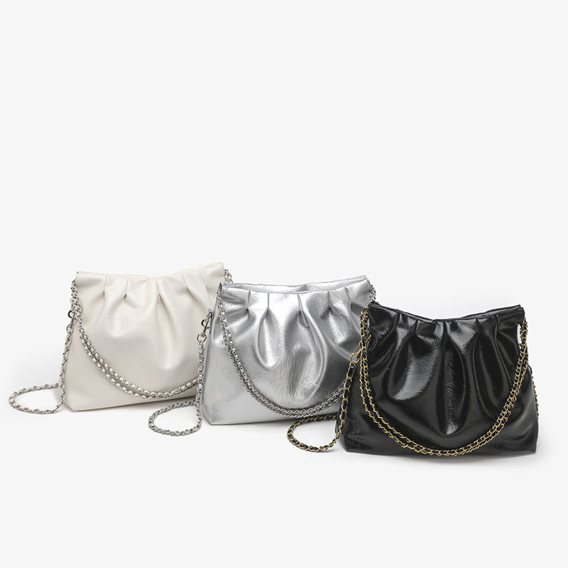 Ruched high-gloss leather-look hobo shoulder bag with gold-tone chain strap, detail view 2