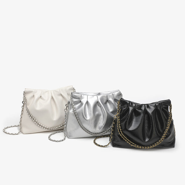 Ruched high-gloss leather-look hobo shoulder bag with gold-tone chain strap, detail view 2
