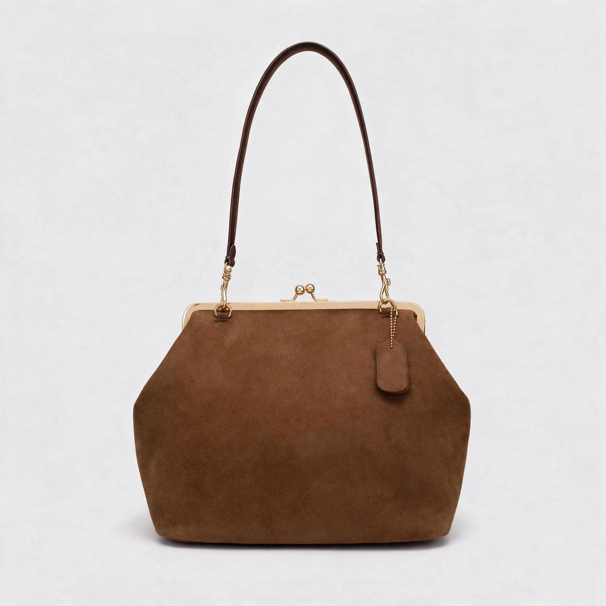 Large matte suede-look kiss-lock frame handbag with gold-tone hardware and detachable shoulder strap, detail view 20