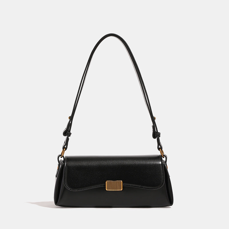 Structured leather-look baguette shoulder bag with gold-tone rectangular clasp and adjustable strap, detail view 6