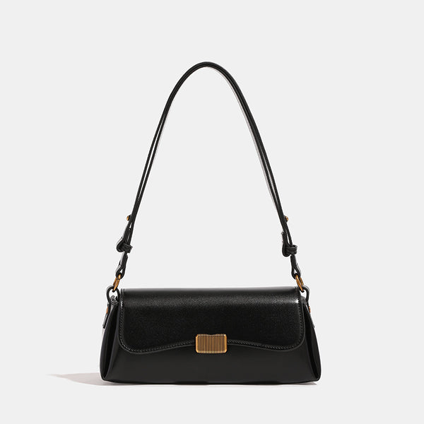 Structured leather-look baguette shoulder bag with gold-tone rectangular clasp and adjustable strap, detail view 6