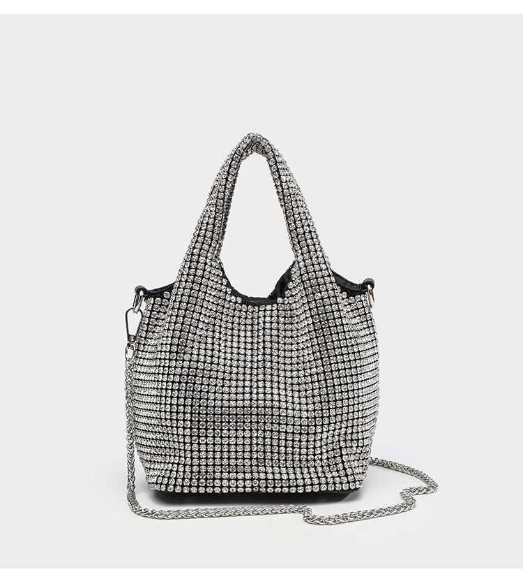 Small all-over rhinestone crystal bucket bag with twin handles and detachable chain shoulder strap, detail view 18