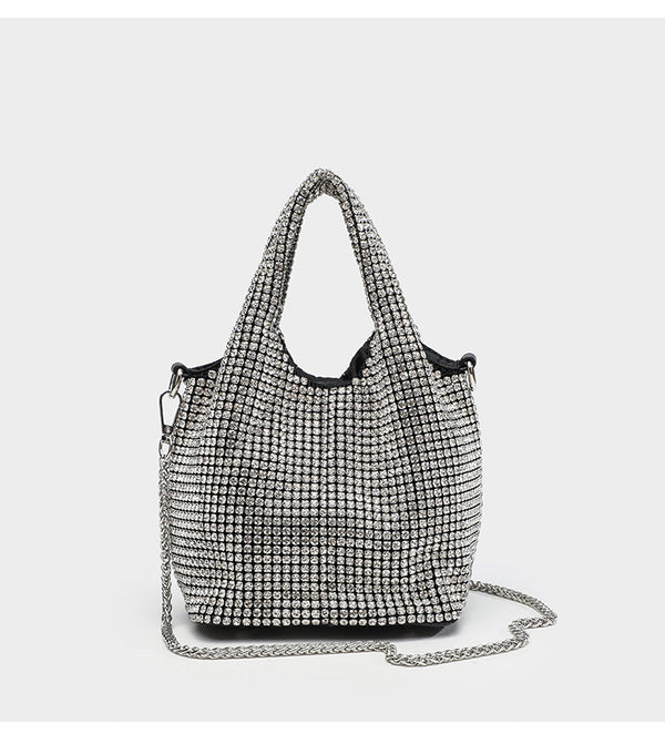 Small all-over rhinestone crystal bucket bag with twin handles and detachable chain shoulder strap, detail view 18