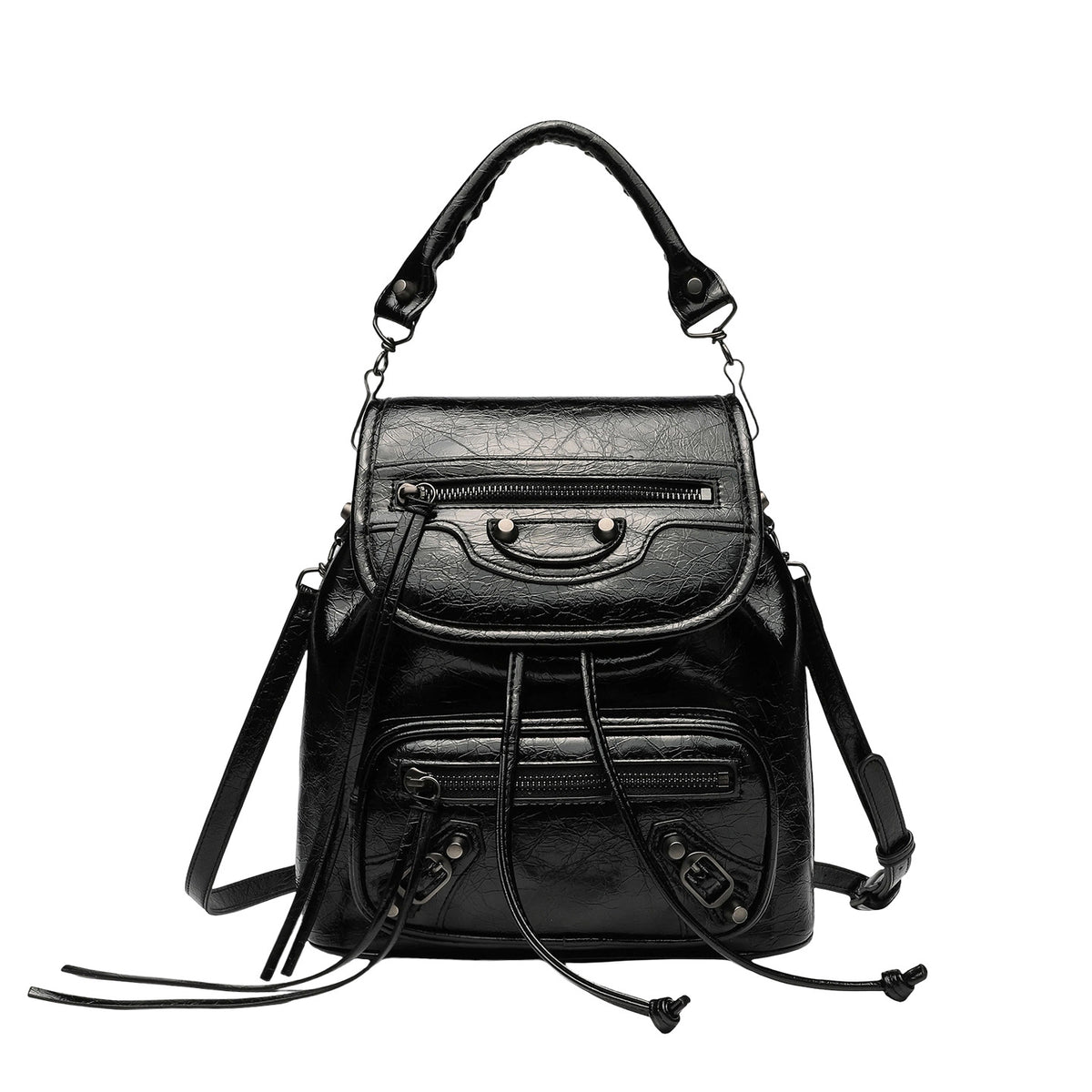 Small structured glossy leather-look convertible backpack handbag in black with flap closure, front zip pockets, metal stud