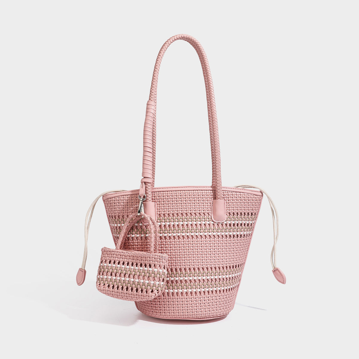 Structured woven bucket tote bag in pastel blue with braided shoulder strap, open lattice weave body, cream drawstring